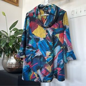 Ali Miles Knit Abstract Print Cowl Neck Sweater Tunic Top Sz M Blue 3/4 Sleeve